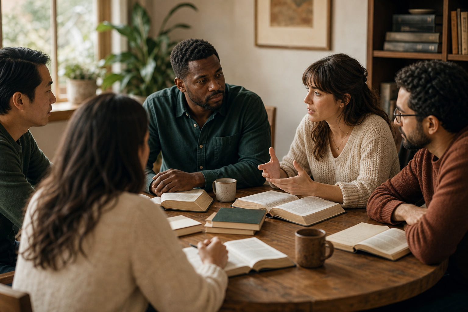 A multi-ethnic group in earnest conversation around open books.