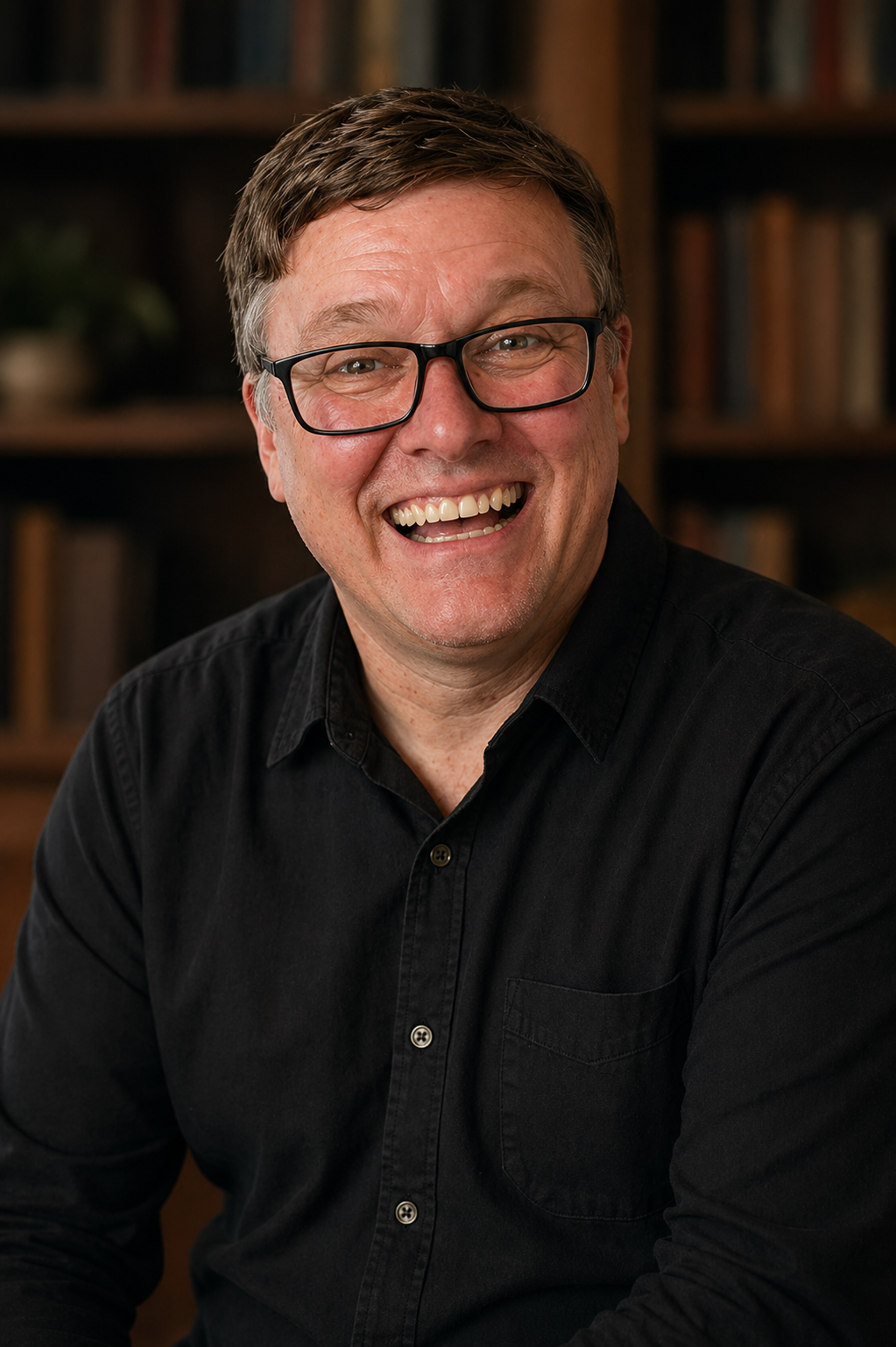 Studio portrait of Paul York in a black button-up shirt